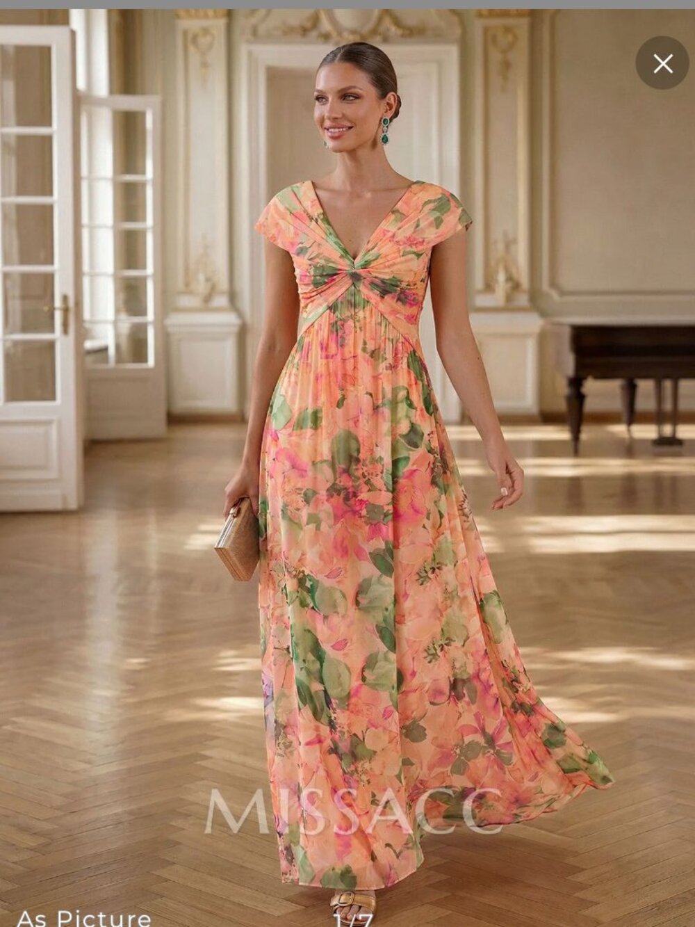 A-Line V-Neck Sleeveless Floor-Length Chiffon Dress With Floral Print Pleated